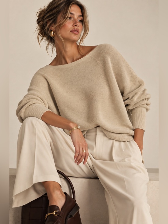 Uniqlo Sweaters - UNIQLO 3D Knit Cotton Boat Neck Sweater Beige Large Quiet Luxury Minimalist Fall